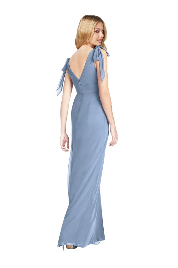 Bleu poussiéreux Sirène Col V Mousseline Longue Robes demoiselle d'honneur à Vendre