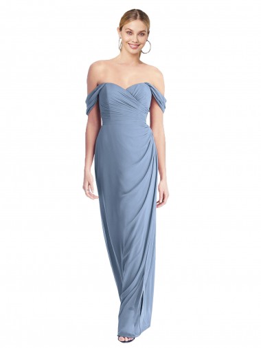 Bleu poussiéreux Sirène Épaule Dénudée Mousseline Longue Robes demoiselle d'honneur à Vendre