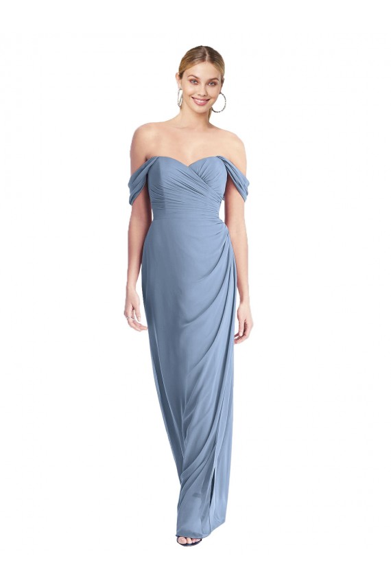 Bleu poussiéreux Sirène Épaule Dénudée Mousseline Longue Robes demoiselle d'honneur à Vendre