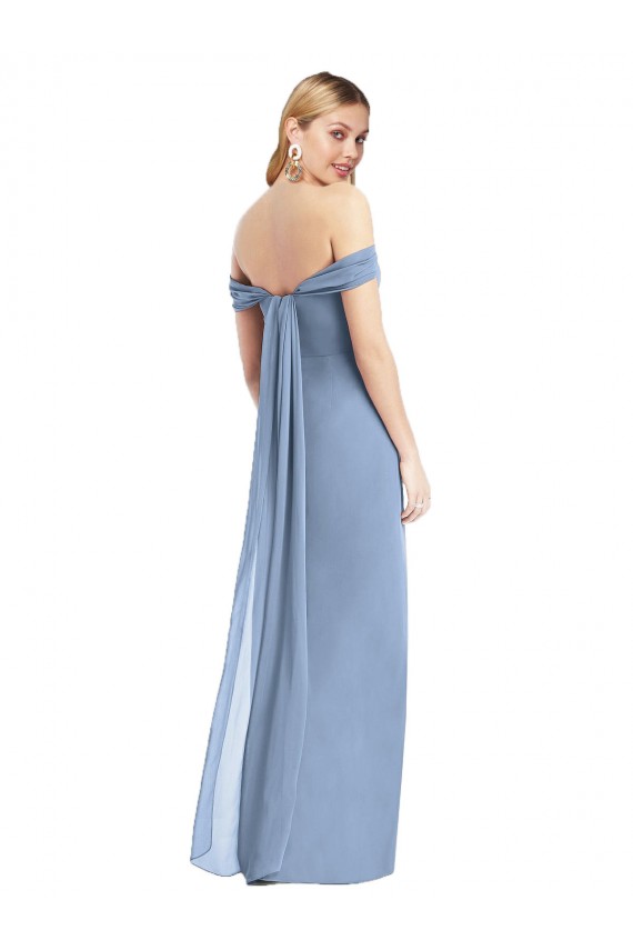 Bleu poussiéreux Sirène Épaule Dénudée Mousseline Longue Robes demoiselle d'honneur à Vendre