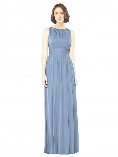 Bleu poussiéreux Trapèze Bateau Mousseline Longue Robes demoiselle d'honneur à Vendre