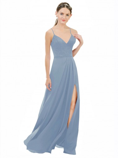 Bleu poussiéreux Trapèze Bretelles spaghetti Col V Mousseline Dentelle Longue Robes demoiselle d'honneur à Vendre