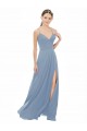 Bleu poussiéreux Trapèze Bretelles spaghetti Col V Mousseline Dentelle Longue Robes demoiselle d'honneur à Vendre
