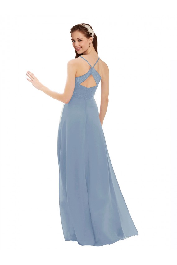 Bleu poussiéreux Trapèze Bretelles spaghetti Col V Mousseline Dentelle Longue Robes demoiselle d'honneur à Vendre