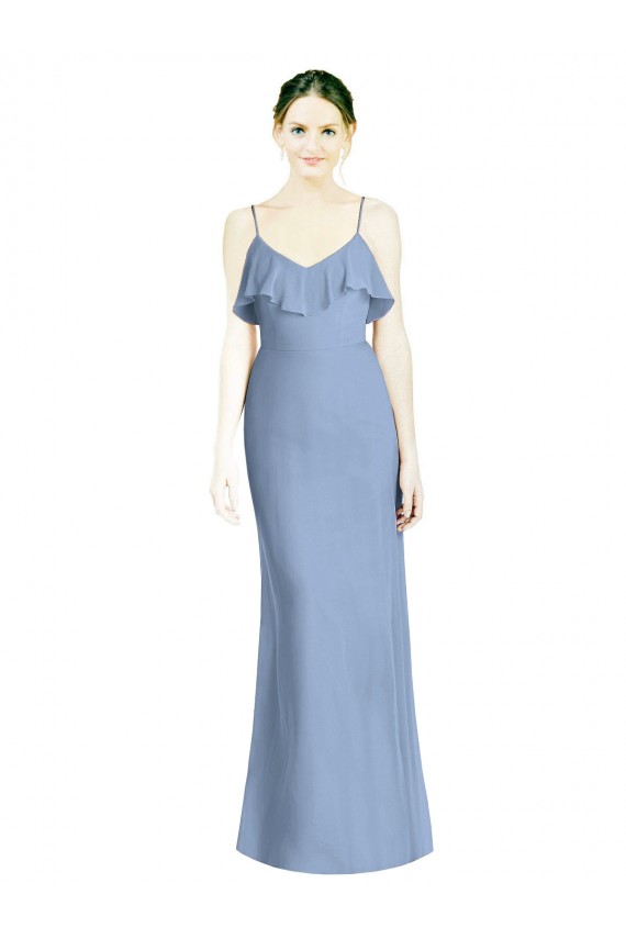 Bleu poussiéreux Trapèze Bretelles spaghetti Col V Mousseline Longue Robes demoiselle d'honneur à Vendre