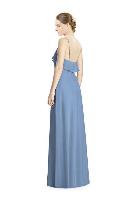 Bleu poussiéreux Trapèze Bretelles spaghetti Col V Mousseline Longue Robes demoiselle d'honneur à Vendre