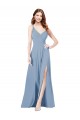 Bleu poussiéreux Trapèze Bretelles spaghetti Col V Mousseline Longue Robes demoiselle d'honneur à Vendre