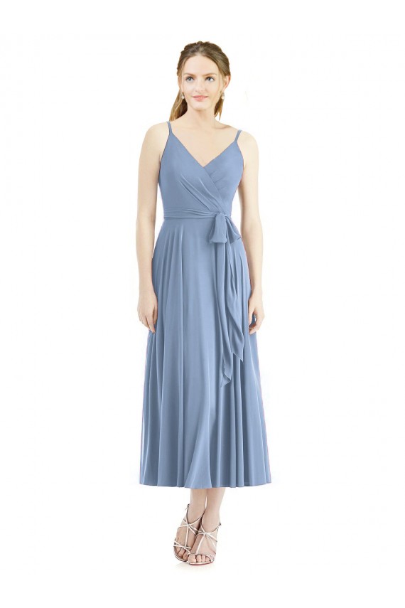 Bleu poussiéreux Trapèze Bretelles spaghetti Mousseline Courte Robes demoiselle d'honneur à Vendre