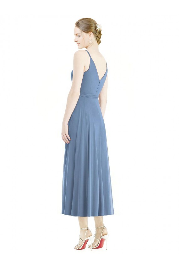 Bleu poussiéreux Trapèze Bretelles spaghetti Mousseline Courte Robes demoiselle d'honneur à Vendre