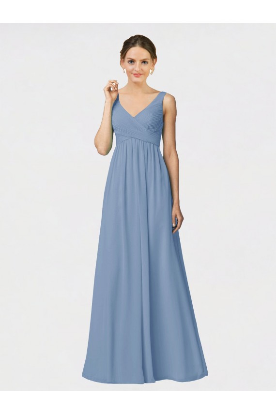 Bleu poussiéreux Trapèze Bretelles spaghetti Mousseline Longue Robes demoiselle d'honneur à Vendre