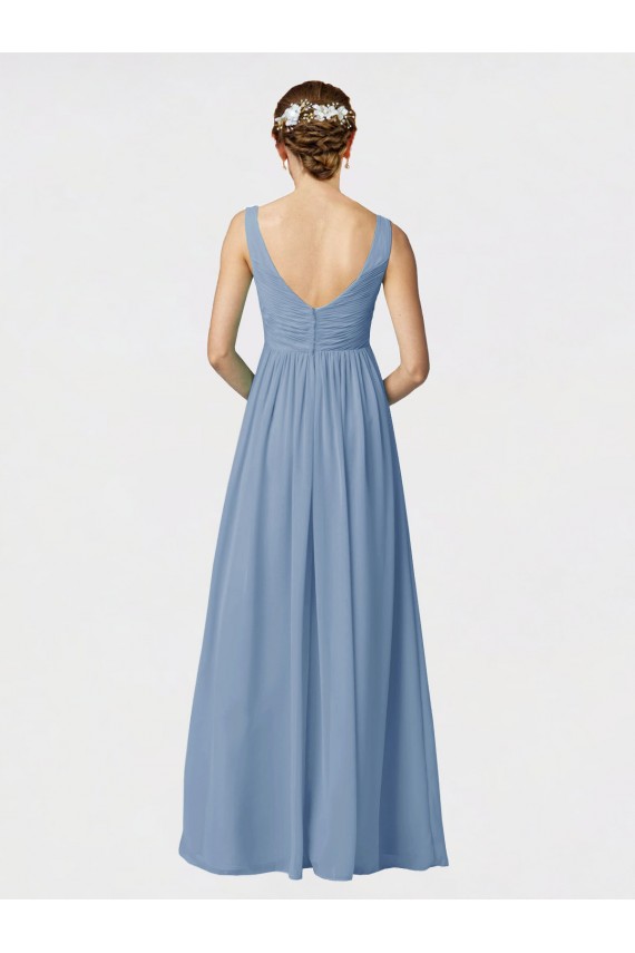Bleu poussiéreux Trapèze Bretelles spaghetti Mousseline Longue Robes demoiselle d'honneur à Vendre