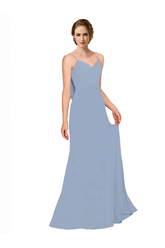 Bleu poussiéreux Trapèze Bretelles spaghetti Mousseline Longue Robes demoiselle d'honneur à Vendre