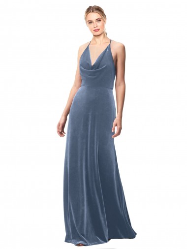 Bleu poussiéreux Trapèze Bretelles spaghetti Velours Stretch Longue Robes demoiselle d'honneur / Robes de bal à Vendre