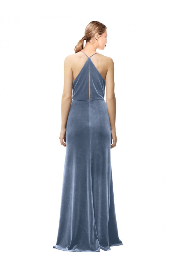 Bleu poussiéreux Trapèze Bretelles spaghetti Velours Stretch Longue Robes demoiselle d'honneur / Robes de bal à Vendre