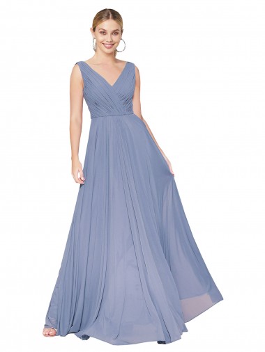 Bleu poussiéreux Trapèze Col V Mousseline Longue Formelles Robes demoiselle d'honneur / Robes de soirée / Robes de bal à Vendre