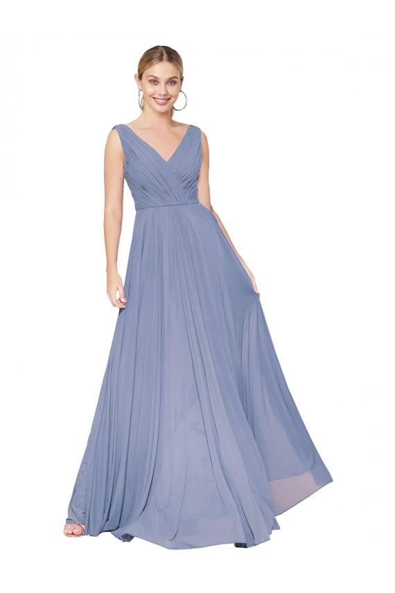 Bleu poussiéreux Trapèze Col V Mousseline Longue Formelles Robes demoiselle d'honneur / Robes de soirée / Robes de bal à Vendre
