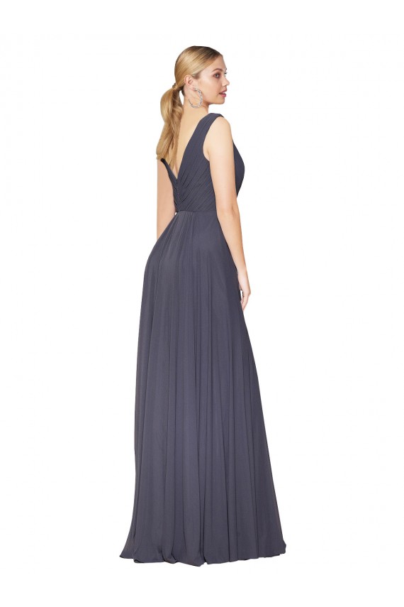 Bleu poussiéreux Trapèze Col V Mousseline Longue Formelles Robes demoiselle d'honneur / Robes de soirée / Robes de bal à Vendre