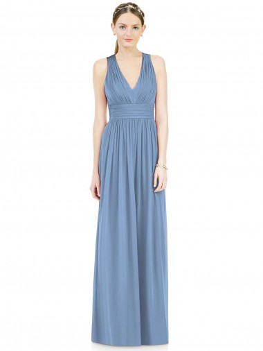 Bleu poussiéreux Trapèze Col V Mousseline Longue Robes demoiselle d'honneur à Vendre