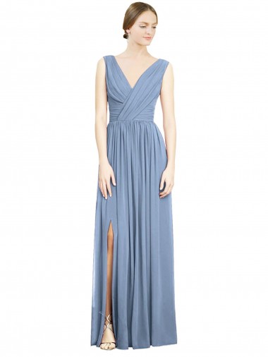 Bleu poussiéreux Trapèze Col V Mousseline Longue Robes demoiselle d'honneur à Vendre