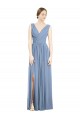 Bleu poussiéreux Trapèze Col V Mousseline Longue Robes demoiselle d'honneur à Vendre