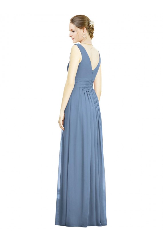 Bleu poussiéreux Trapèze Col V Mousseline Longue Robes demoiselle d'honneur à Vendre