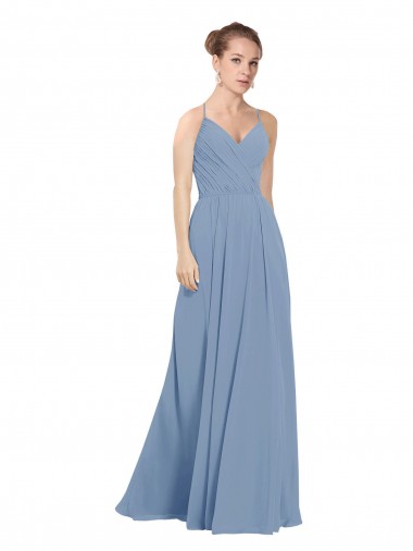 Bleu poussiéreux Trapèze Col V Mousseline Longue Robes demoiselle d'honneur à Vendre