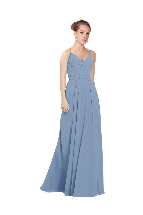 Bleu poussiéreux Trapèze Col V Mousseline Longue Robes demoiselle d'honneur à Vendre