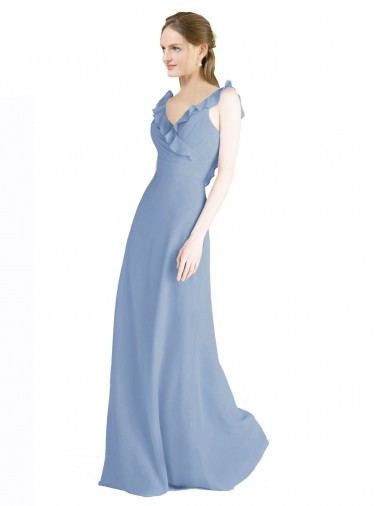 Bleu poussiéreux Trapèze Col V Mousseline Longue Robes demoiselle d'honneur à Vendre