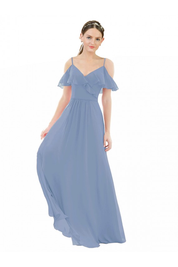Bleu poussiéreux Trapèze Col V Mousseline Longue Robes demoiselle d'honneur à Vendre