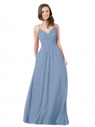 Bleu poussiéreux Trapèze Col V Mousseline Longue Robes demoiselle d'honneur à Vendre
