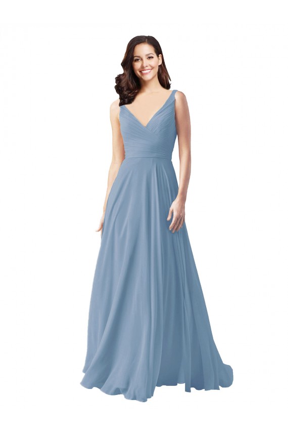 Bleu poussiéreux Trapèze Col V Mousseline Longue Robes demoiselle d'honneur à Vendre