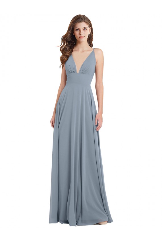 Bleu poussiéreux Trapèze Col V Mousseline Longue Robes demoiselle d'honneur à Vendre