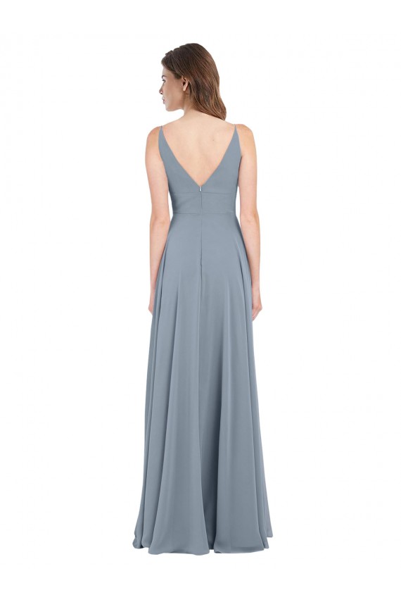 Bleu poussiéreux Trapèze Col V Mousseline Longue Robes demoiselle d'honneur à Vendre