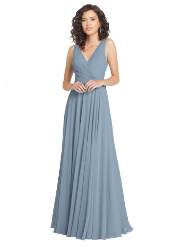 Bleu poussiéreux Trapèze Col V Mousseline Longue Robes demoiselle d'honneur à Vendre