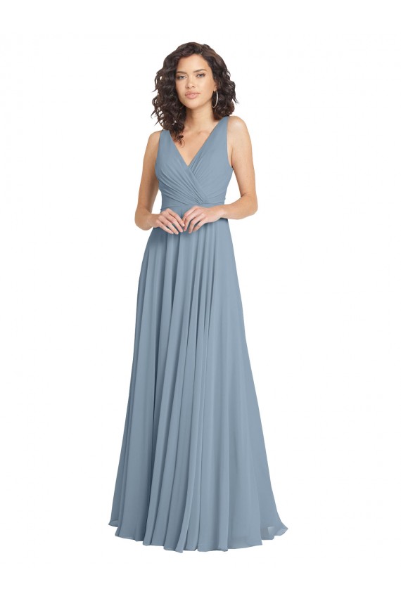 Bleu poussiéreux Trapèze Col V Mousseline Longue Robes demoiselle d'honneur à Vendre