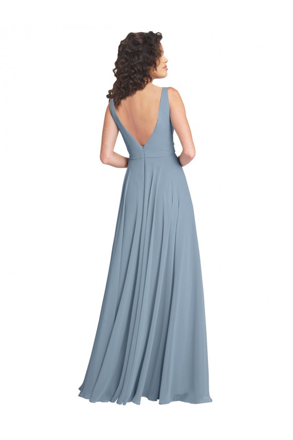 Bleu poussiéreux Trapèze Col V Mousseline Longue Robes demoiselle d'honneur à Vendre