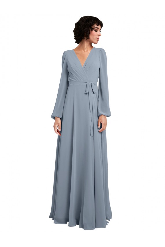 Bleu poussiéreux Trapèze Col V Mousseline Longue Robes demoiselle d'honneur à Vendre