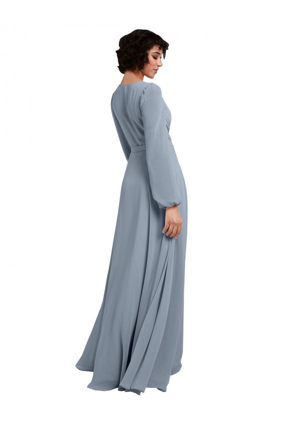 Bleu poussiéreux Trapèze Col V Mousseline Longue Robes demoiselle d'honneur à Vendre