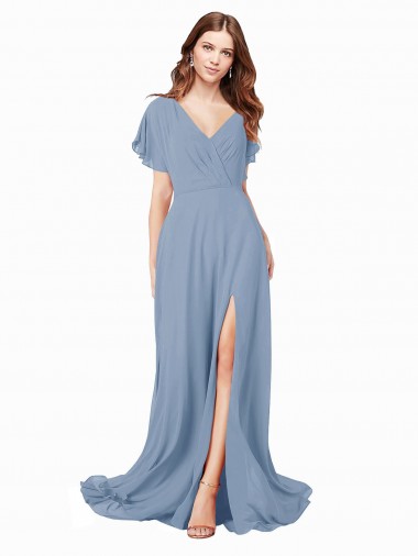 Bleu poussiéreux Trapèze Col V Mousseline Longue Robes demoiselle d'honneur / Robes de bal à Vendre