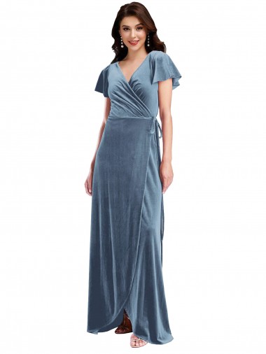 Bleu poussiéreux Trapèze Col V Velours Stretch Longue Robes demoiselle d'honneur / Robes de bal à Vendre