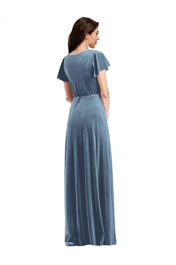 Bleu poussiéreux Trapèze Col V Velours Stretch Longue Robes demoiselle d'honneur / Robes de bal à Vendre