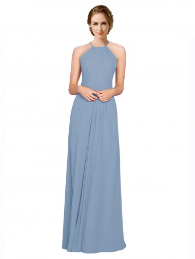 Bleu poussiéreux Trapèze Licou Col Haut Mousseline Longue Robes demoiselle d'honneur à Vendre
