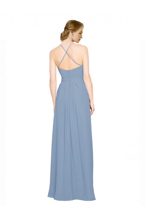 Bleu poussiéreux Trapèze Licou Col Haut Mousseline Longue Robes demoiselle d'honneur à Vendre