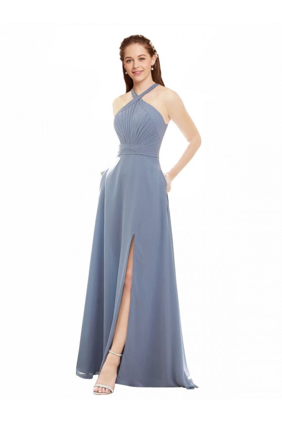 Bleu poussiéreux Trapèze Licou Col Haut Mousseline Longue Robes demoiselle d'honneur à Vendre