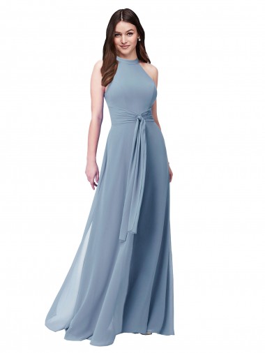 Bleu poussiéreux Trapèze Licou Col Haut Mousseline Longue Robes demoiselle d'honneur à Vendre