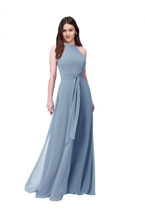 Bleu poussiéreux Trapèze Licou Col Haut Mousseline Longue Robes demoiselle d'honneur à Vendre