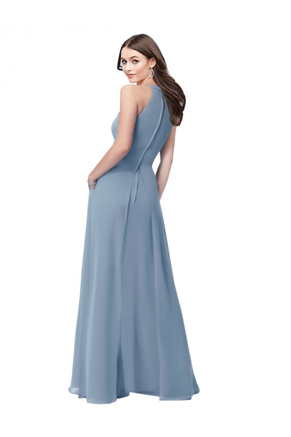 Bleu poussiéreux Trapèze Licou Col Haut Mousseline Longue Robes demoiselle d'honneur à Vendre