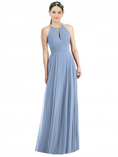 Bleu poussiéreux Trapèze Licou Mousseline Longue Robes demoiselle d'honneur à Vendre