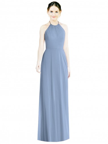 Bleu poussiéreux Trapèze Licou Mousseline Longue Robes demoiselle d'honneur à Vendre