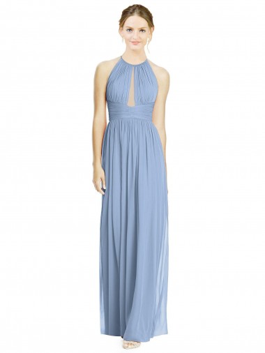 Bleu poussiéreux Trapèze Licou Mousseline Longue Robes demoiselle d'honneur à Vendre